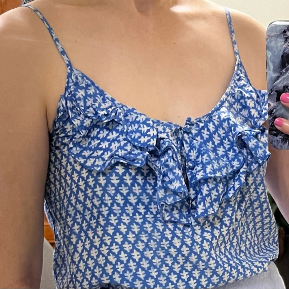 J. Crew Blue and White Ruffle Cami